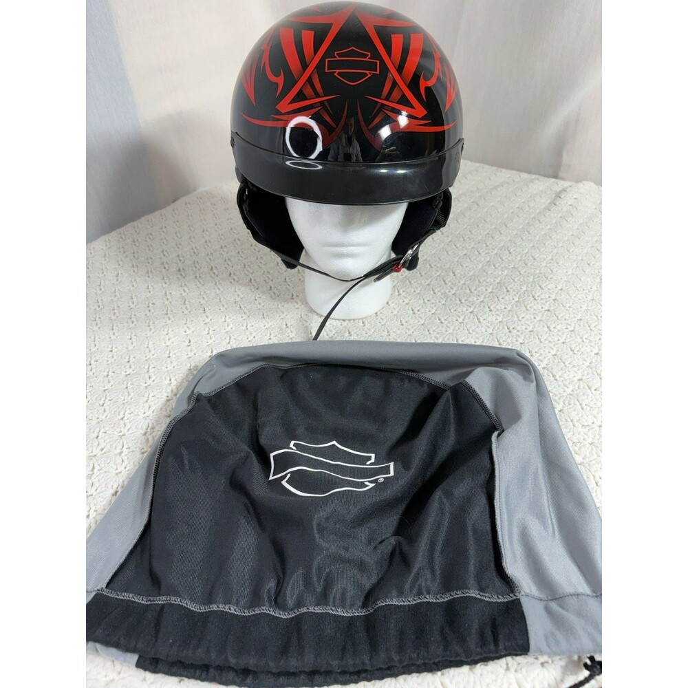 Vintage Harley Davidson Half Helmet Gloss Black Red Fire Accent Size XS and Bag
